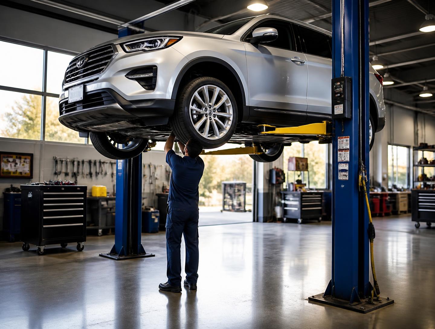 Modern automotive service bay with a vehicle on a lift and a technician performing diagnostics