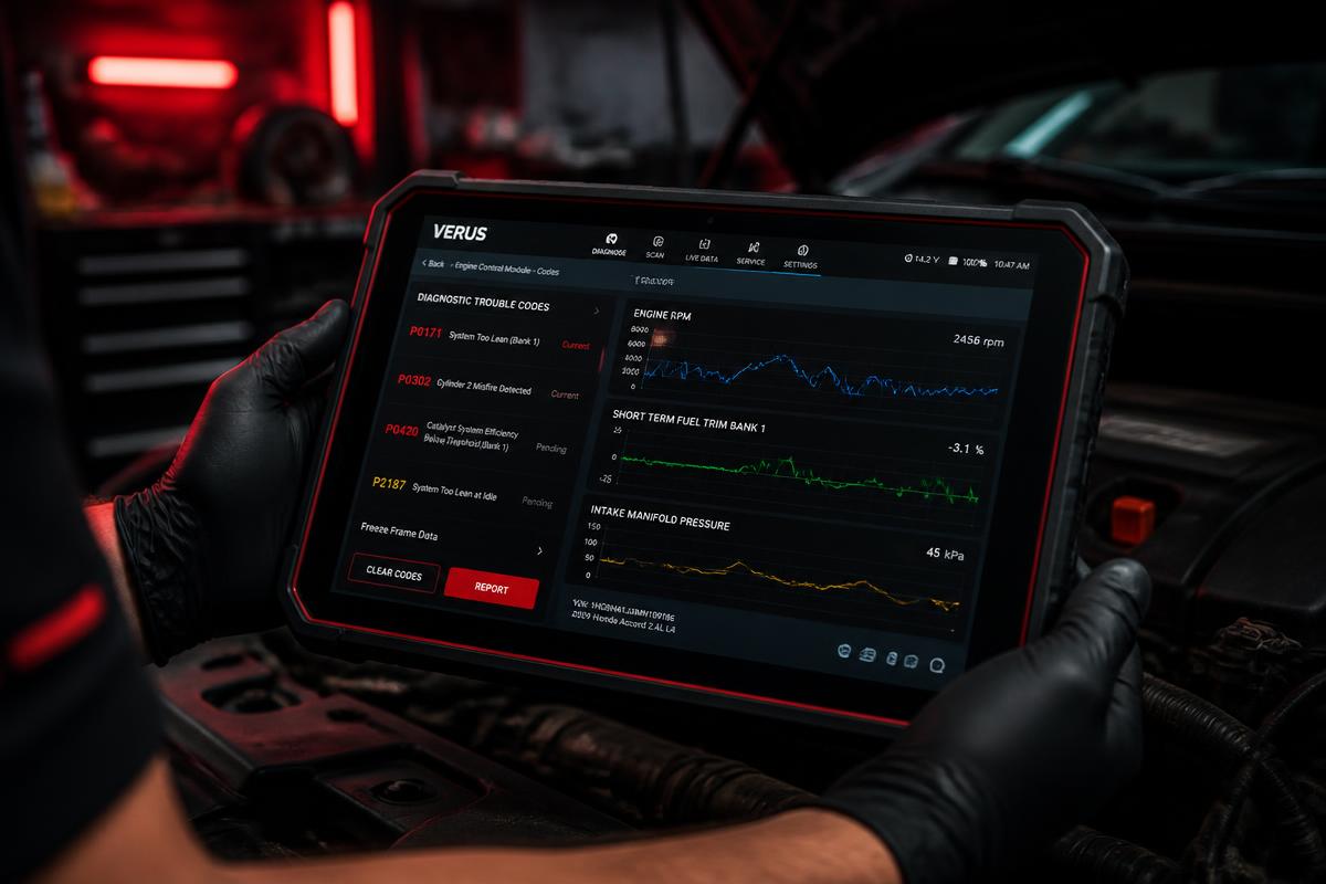 Advanced automotive diagnostic tablet displaying engine data and fault codes