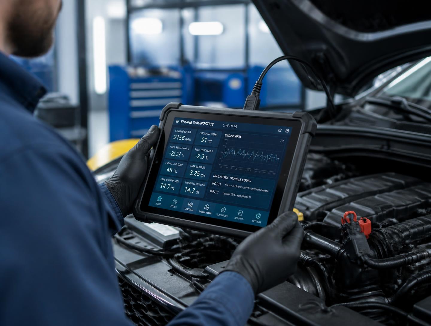 Automotive diagnostic tablet displaying engine data and fault codes