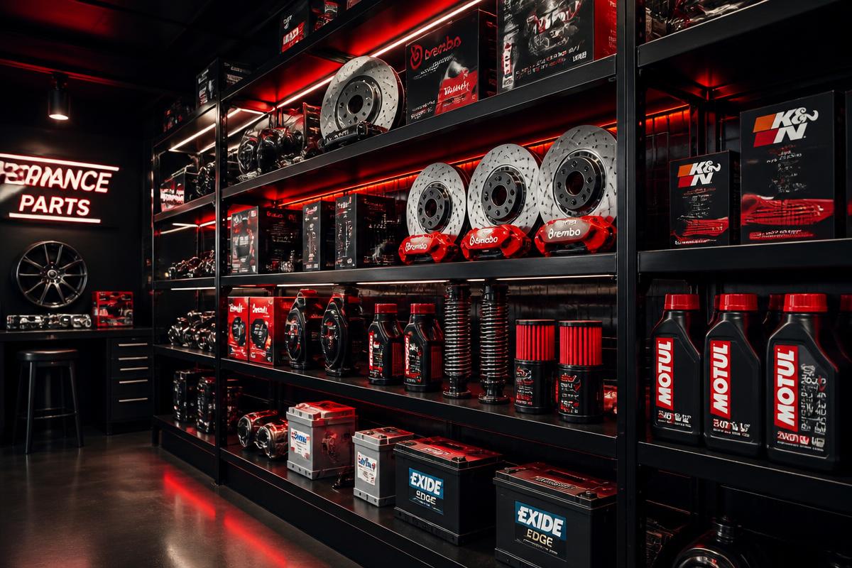 Premium auto parts display with brake rotors, filters, batteries and motor oil