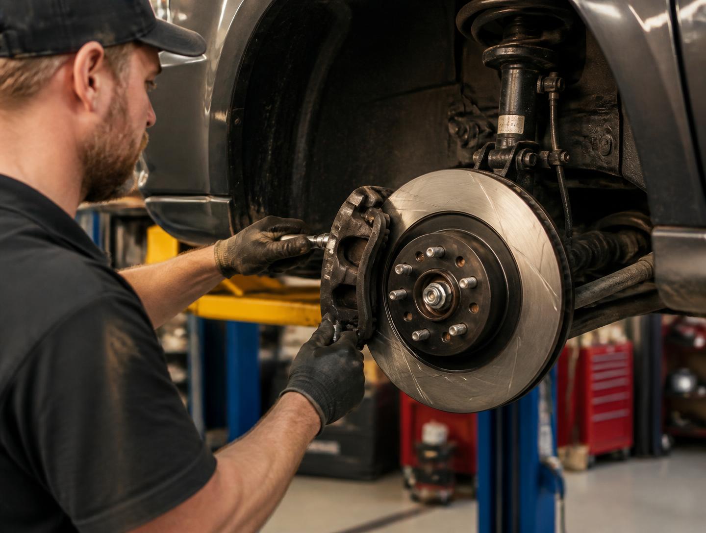 Technician replacing a brake rotor and caliper on a vehicle at LEYVA MOTORS