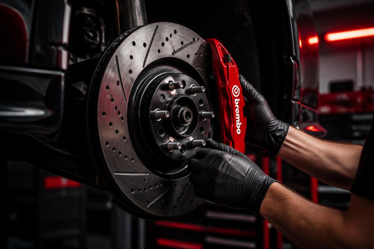 Technician replacing a performance brake rotor and caliper at LEYVA MOTORS